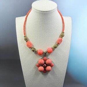 Coral Beaded Statement Necklace Gold Tone Pendant Vintage Inspired Boho Jewelry